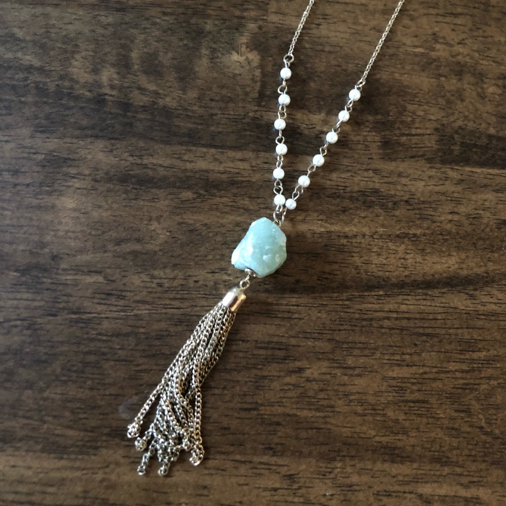 Green & Gold Tassel Long Necklace